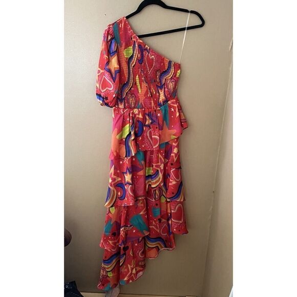 ALDEN ADAIR Stargazing Dress One Shoulder Red Print Asymetrical Satin NWT S - Picture 14 of 14